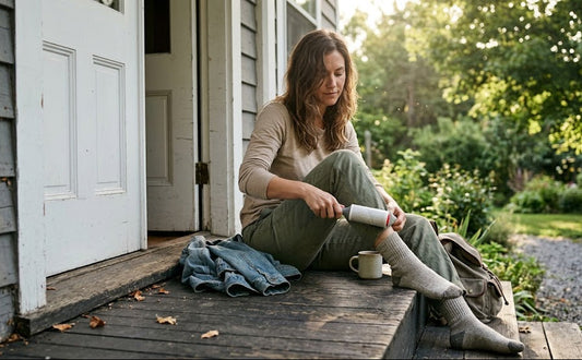 Adult woman sitting on a wooden porch step using a lint roller on her socks and pant legs as a natural tick prevention trick after being outdoors.